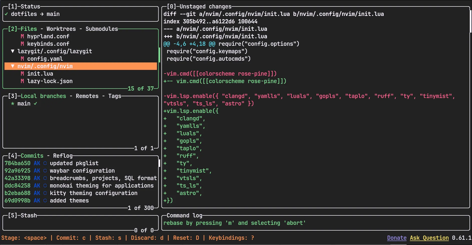 lazygit displaying my dotfiles repository